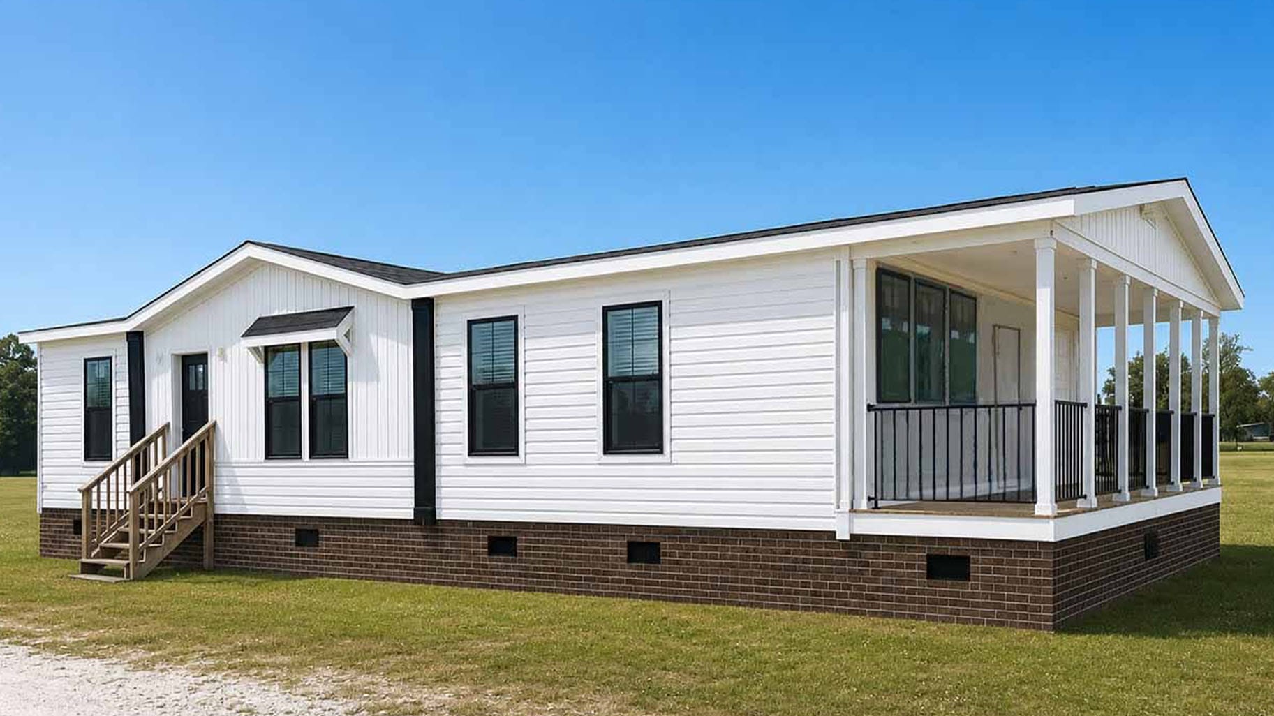 Single-story manufactured home with white siding, a brick foundation, and a covered front porch.